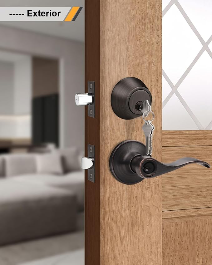 Gobrico Front/Exterior Door Lever Lockset with Single Cylinder Deadbolt, 1 Pack Keyed Alike Oil Rubbed Bronze Combination Handle Set, Entry Door Lockset with Deadbolt