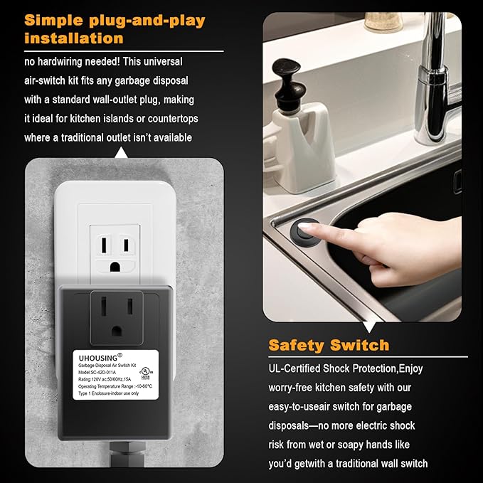 Garbage Disposal Air Switch Kit - UL Certified Sink Top Switch with Long 3.5" Brass Button by UHOUSING, Complete All-in-One Kit for All Disposals (Matte Black)