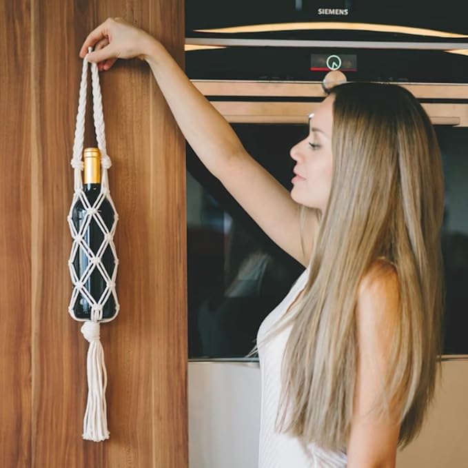 Hand-woven wine storage bag, Bohemian wine hanging bag, Bottle bag, Tote bag, 26 inch (Wine Storage Bag White)