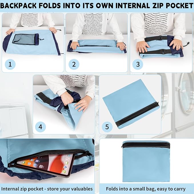 Laundry Bag Backpack with Shoulder Straps and Mesh Pocket Foldable Laundry Hamper for College, Apartment, Laundromat (Light Blue)