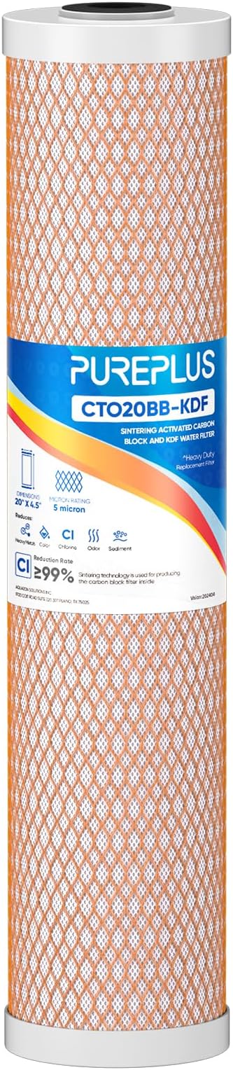 PUREPLUS 5 Micron 20" x 4.5" Whole House Coconut Shell Activated Carbon and KDF Water Filter, Heavy Metal Removal Replacement Water Filter, CTO20BB-KDF, 1 PACK