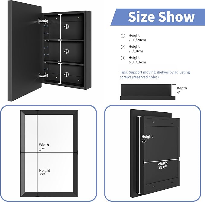 Retro-Style Medicine Cabinet with 17’’x27’’ Solid Wood Mirror Frame, Bathroom Recessed Wall Cabinet, Living Room Wood Storage Cabinet, Black