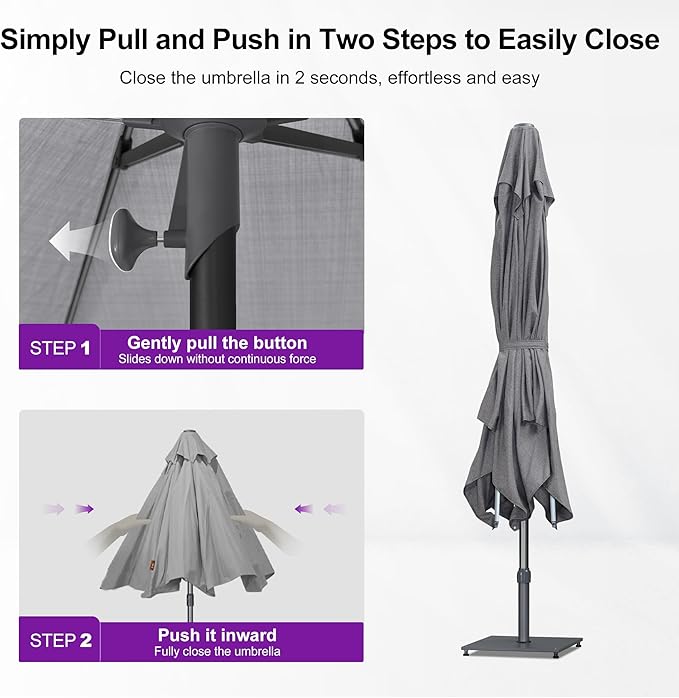 PURPLE LEAF 10 X 10 FT Semi-Auto Outdoor Patio Umbrella Market Table Sun Umbrellas with 8 Aluminum Sturdy Ribs for Backyard Deck Garden Pool (Gray Pole Gray Canopy)