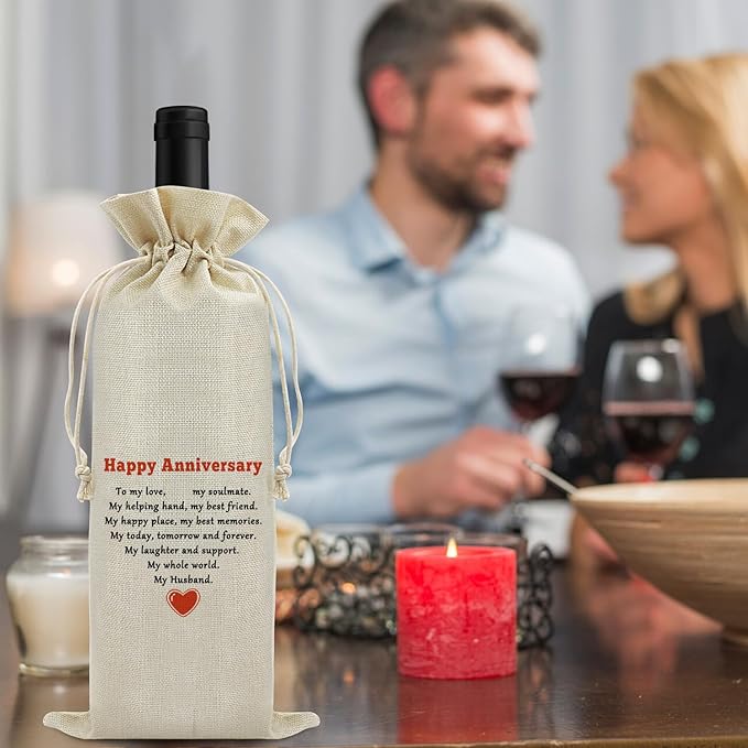 Happy Anniversary Wine Bags Friendship Anniversary for Couples Men Friends Drawstring Wine Wrapping Bag Anniversary Party Decorations Anniversary Marriage Gift for Husband Burlap Wine Gift Bag