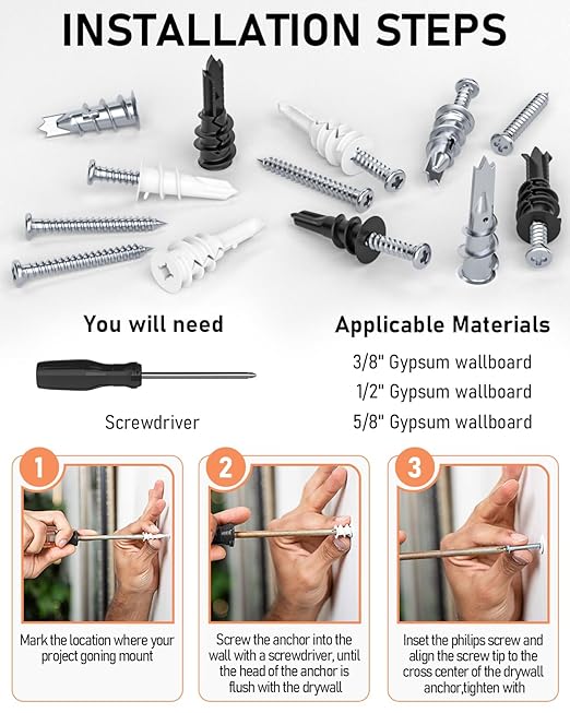 INCLY 200PCS #8 Drywall Anchors Kit Self Drilling, 100 Zinc Metal & Plastic Heavy Duty Dry Wall Anchors and 100 Philips Screws Assortment for Drywall Sheetrock Hanging and Mounting with Case
