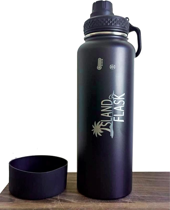 Island Flask- 40oz Double Wall Insulated Sports Water Bottle with one screw lid and one silicone boot.Keeps your drink COLD for up to 24 hours, and HOT for up to 12 hours.