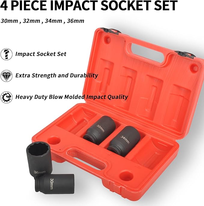 4Pcs 1/2" Drive Deep Impact Socket Set 12 Point Metric 30mm 32mm 34mm 36mm Drive Spindle Axle Hub Nut Socket Set,Heavy Duty with Portable Storage Case,Use In Removing And Installing Axle Nuts