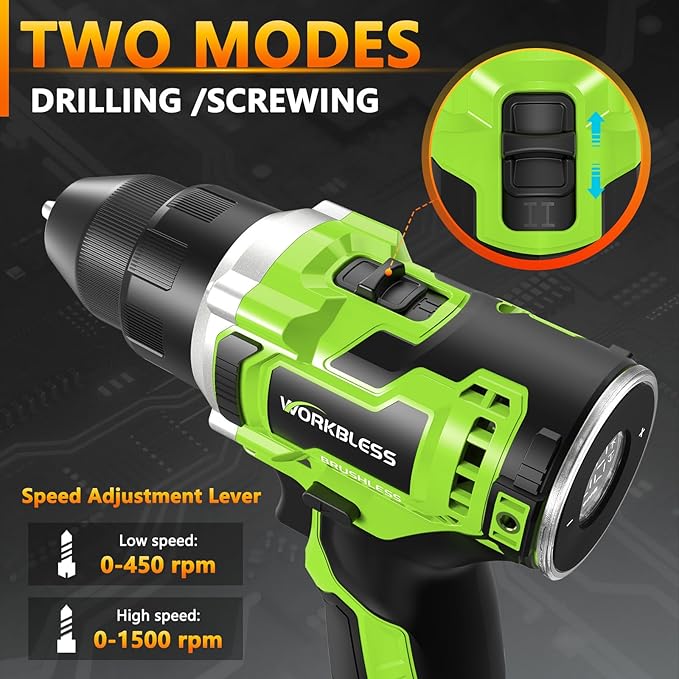 12V Brushless Power Drill, Cordless Drill with LCD Smart Display, 29+1 Torque Setting, 3/8 Inch Keyless Metal Chuck, 2.0Ah Battery, Fast Charger and 18Pcs Bits Included(Green)