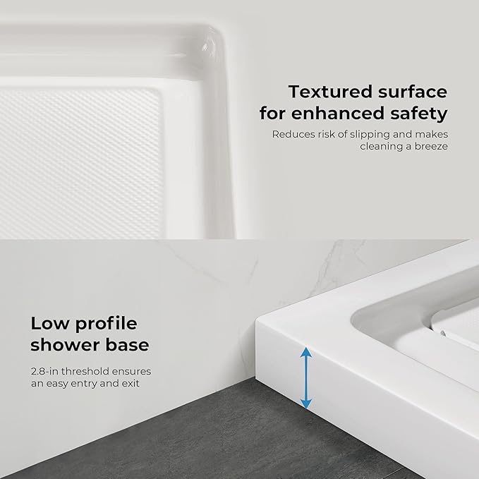 OVE Decors 60-in W x 34-in D Shower Base Pan Rectangle, Hidden Side Drain, White Acrylic, Reversible Design