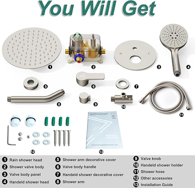 Shower Faucet Set 12IN Brass Rough-In Valve Body Trim Kit Rainfall Included Handle Accessories Complete 2 Functions with Rain Head and Handheld Bathroom Systems (12'', Brushed Nickel)