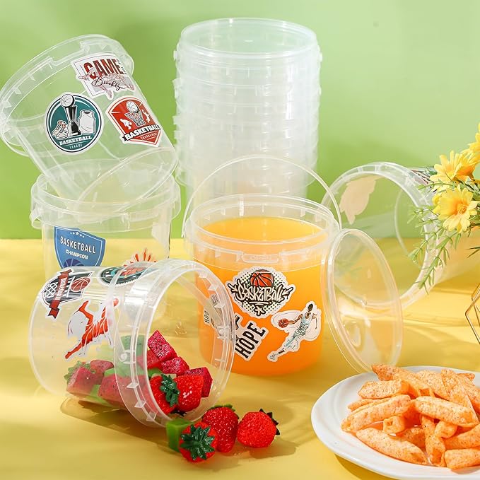 PerKoop 20 Pcs 32 oz Basketball Ice Cream Buckets with Lids and Handles Clear Cocktail Rum Buckets for Drinks with 200 Stickers Plastic Transparent Tub Reusable Food Storage Containers for Parties