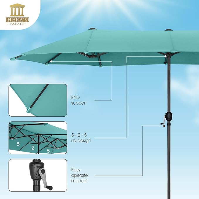 HERA'S PALACE 13 Ft Double-Sided Twin Patio Umbrella, Outdoor Double Sided Market Patio Umbrella with Crank, Powerful UV Protective (Turquoise)
