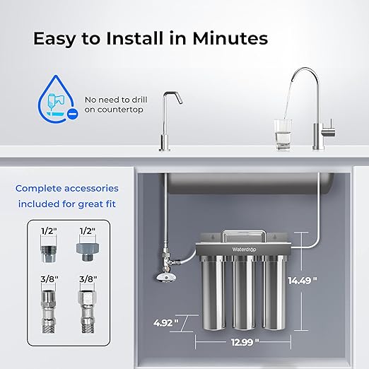 Waterdrop TST-UF 0.01μm Ultra-Filtration Under Sink Water Filter, Stainless Steel, 5X Service Life,Remove 99.99% of Contąminants Larger Than 0.01μm, with Dedicated Faucet, USA Tech (3 Filter Included)