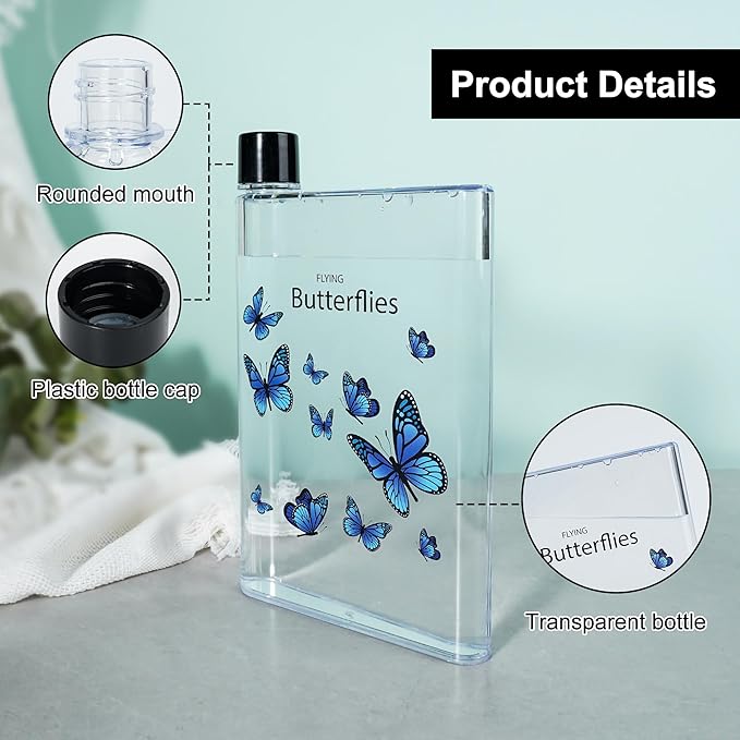 Flat Water Bottle 420ml,Plastic Portable Flat Water Bottle for Purse,Square Water Bottle Flat for Sports Gym Fitness Outdoor,Butterfly