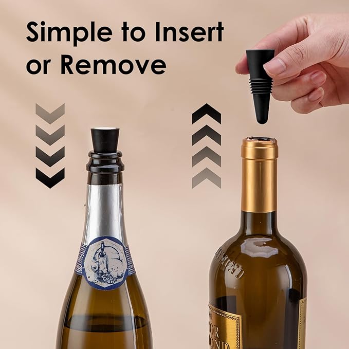 6 PCS Black Silicone Wine Stoppers with Threaded Seal Ring and Stainless Top - Suitable for Wine and Beverage Bottles - Keeping Wine or Beverage Fresh…