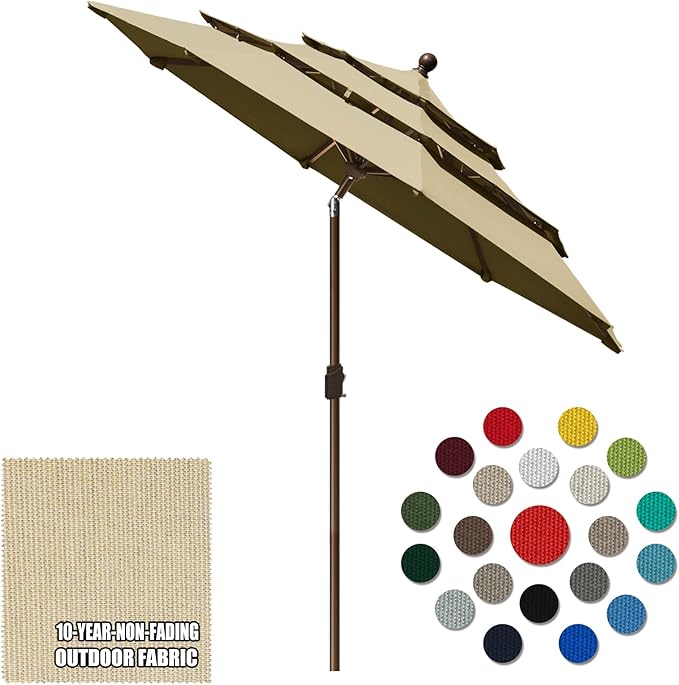 Eurmax USA 10-Year-Non-Fading 10Ft 3 Tiers Market Umbrella Outdoor Patio Umbrella Table Umbrella with 8 Ribs,Hand Crank and Ventilation (Sand)