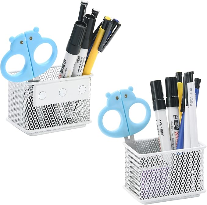 dedoot 2 Pack Pen Holder, 3.45x2.3x2.6inch Magnetic Basket Locker Organizer Metal Mesh Pencil Memo Holder for Whiteboard, Fridge, Desk, Offices,White