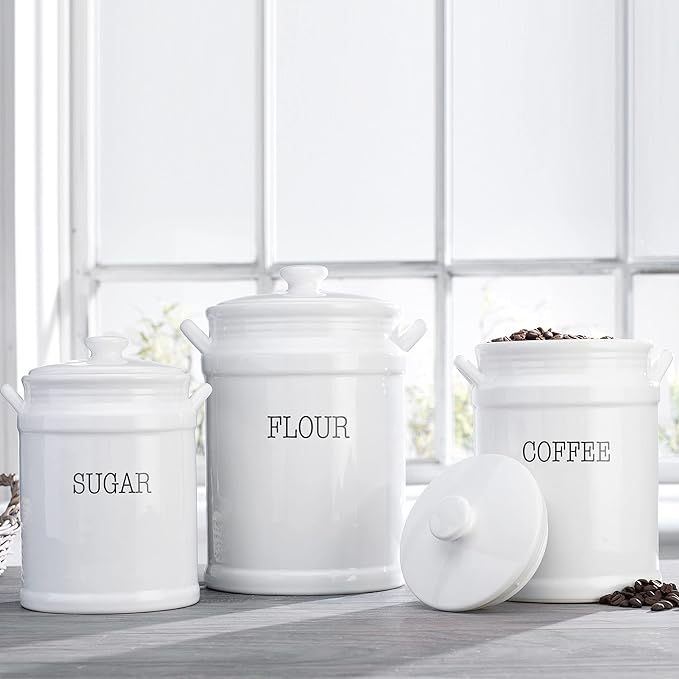 Ceramic Canister Set with Airtight Lids - 3-Piece Kitchen Storage for Flour, Sugar, Coffee, Tea & Spices - Modern Countertop Decor