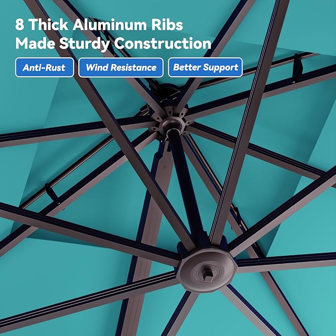 10x13FT Cantilever Outdoor Patio Umbrellas, Double Top Large Rectangle Umbrella, Heavy Duty 360° Rotation Offset Outdoor Sun Shade Umbrella for Garden Deck Pool Backyard, Turquoise