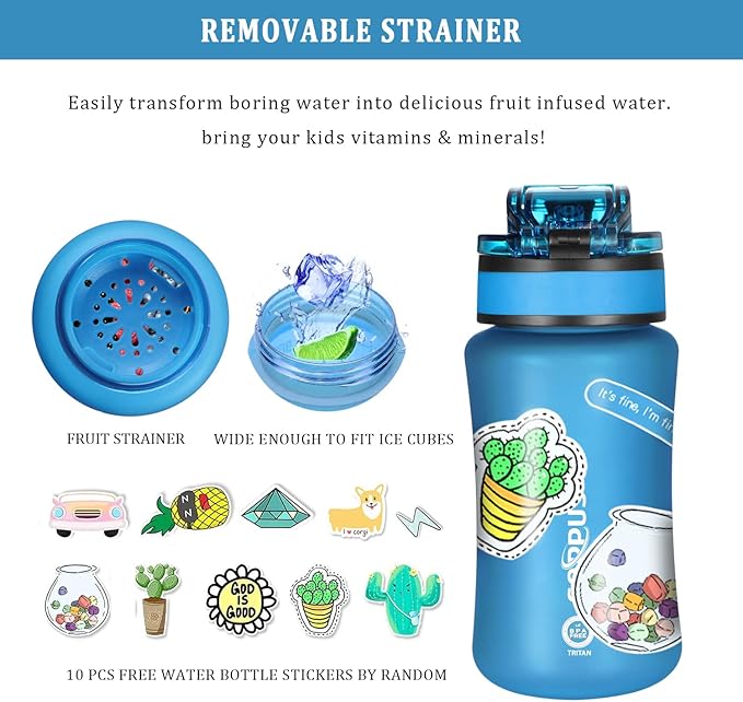 GOPPUS Kids Water Bottle with Straw Spout Lid 10pcs Stickers 12 oz Leak-proof BPA Free Motivational Time Marker Tritan Plastic Water Bottles for Girls Boys School Sports