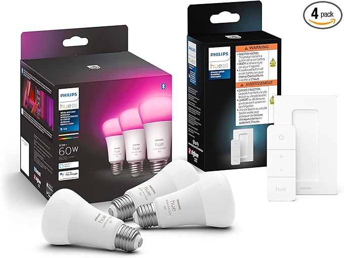 Philips Hue Smart Dimmer Switch with Remote + Philips Hue White and Color Ambiance A19 60W Smart Bulbs