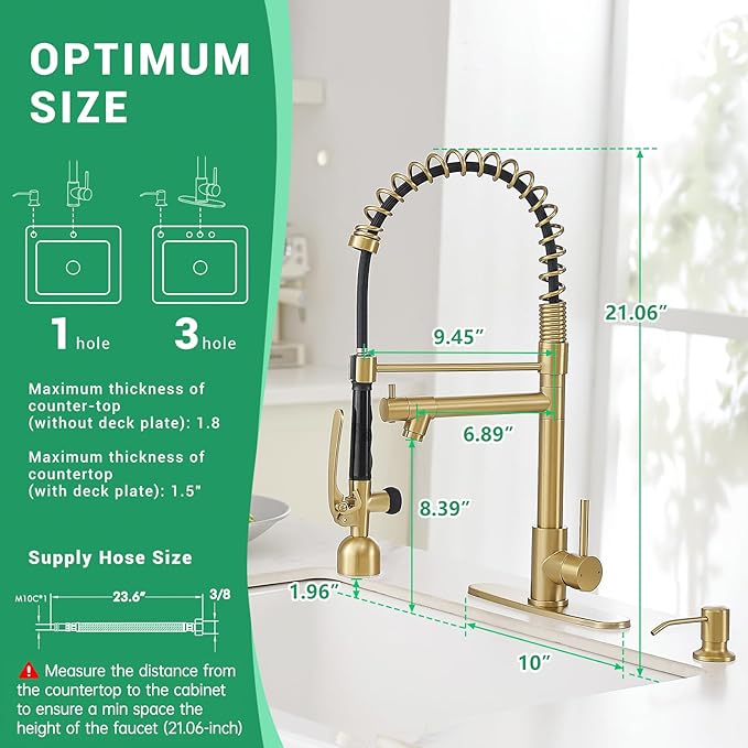 Fapully Commercial Kitchen Faucets with Pull Down Sprayer Brushed Gold LED Single Handle Faucet for Kitchen Sink, Kitchen Faucet with Soap Dispenser and Deck Plack for 4 Hole