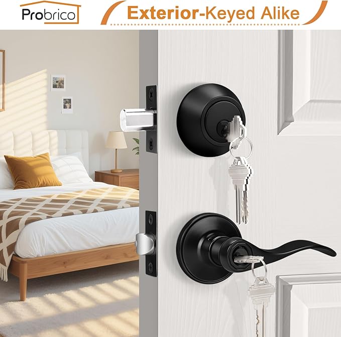 Probrico Front Door Handle and Single Cylinder Deadbolt Set, Black Exterior Door Handle with Deadbolt Lockset,Wave Reversible Door Lever Locks with Deadbolt Set, Keyed Alike 3Pack