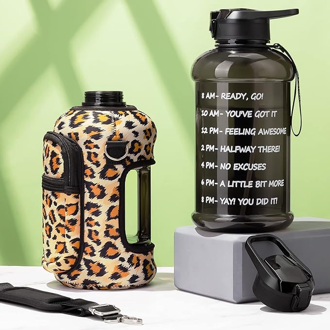 Fimibuke Half Gallon Water Bottle with Sleeve 64 OZ Water Bottle with Handle & Straw Leakproof Motivational Sports Gym Water Bottle with Time Marker BPA Free Water Jug with Reusable Neoprene Holder