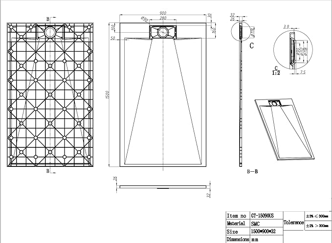 60'' L x 36'' W Shower Base with Drain Cover, White SMC Shower Tray for Bathroom, Waterproof Leakproof Modern Shower Pan
