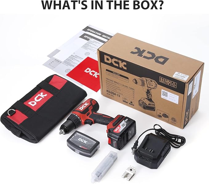 DCK Brushless Cordless Drill Set, 20V Max Electric Drill with 4.0Ah Battery 531in.lbs, 1/2Inch Keyless All-Metal Chuck, 2 Variable Speeds, Power Drill Kit for Screw Wood/Ceramic/Tile/Steel KDJZ04-13
