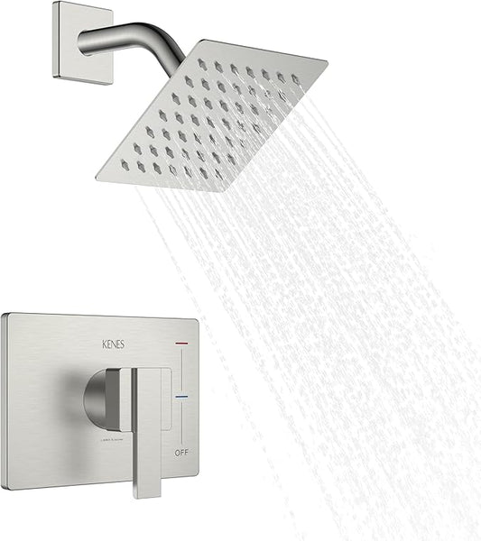 KENES Modern Brushed Nickel Shower Trim Kit, Square Shower Faucet with Single-Spray Stainless Rain Shower Head, Shower Trim Systems Wall Mount, KE-6025B (Shower Valve Included)