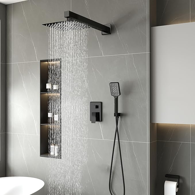 Shower Head Matte Black, Shower Faucet Set Bathroom Shower System with 8 inch Square Rain Shower Head Wall Mounted with 3-Setting Handheld Spray, Rainfall Shower Combo Set