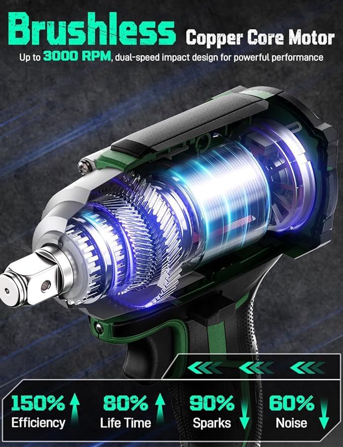 KIMO Cordless Impact Wrench, 550N.m/406ft-lbs, 7Sockets,3Inch Extension Bar, High Torque Brushless Wrench with 3/8" Chuck, 3000 RPM, 4000mAh Li-ion Battery, Charger, Power Impact Driver for Car