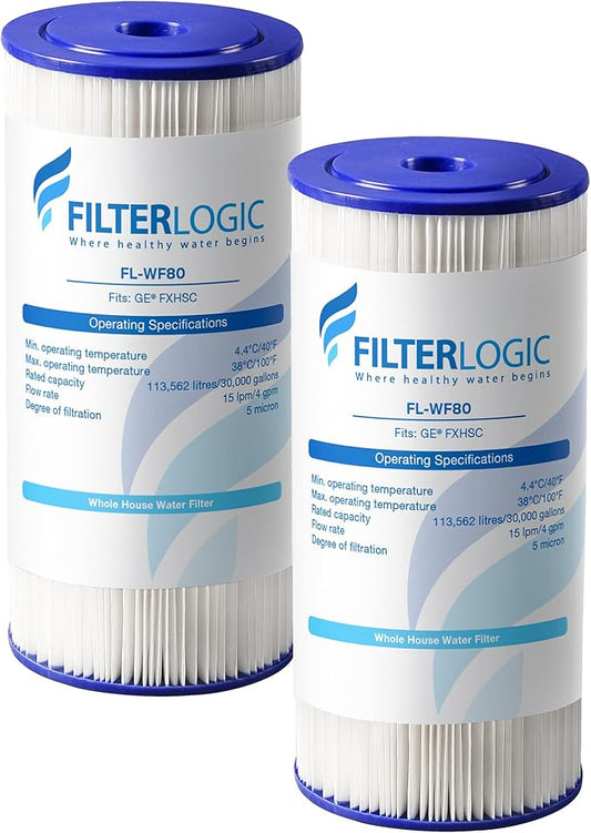 Filterlogic FXHSC 10" x 4.5" Whole House Pleated Sediment Filter, Replacement for GE® FXHSC, Culligan® R50-BBSA, Pentek R50-BB, DuPont WFHDC3001, American Plumber W50PEHD, GXWH40L, Pack of 2