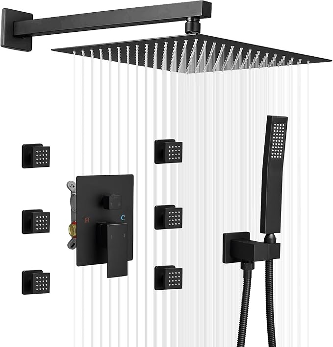 BWE Black Shower System with Body Jets 12 Inch Wall Mounted Rain Shower and Handheld Sprays Brass Full Body Massage Spa Spray and Rough In Valve Faucet Set Combo for Bathroom Matte