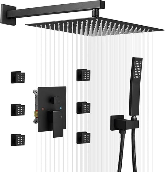 BWE Black Shower System with Body Jets 12 Inch Wall Mounted Rain Shower and Handheld Sprays Brass Full Body Massage Spa Spray and Rough In Valve Faucet Set Combo for Bathroom Matte