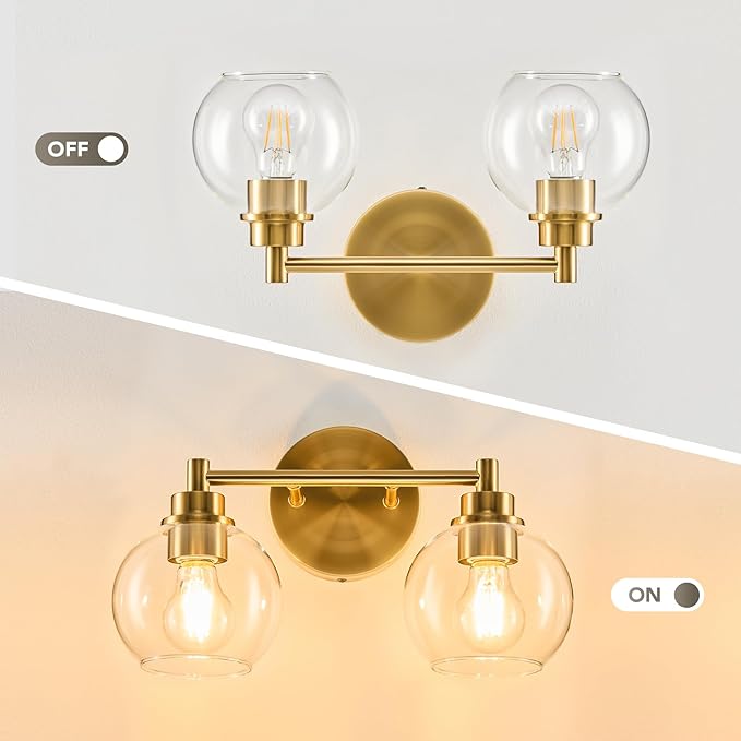VONLUCE Bathroom Light Fixtures, 2-Light Vanity Light with Globe Glass Shades E26 Sockets, Bathroom Lights Over Mirror for Bedroom Hallway Living Room, Gold Finish