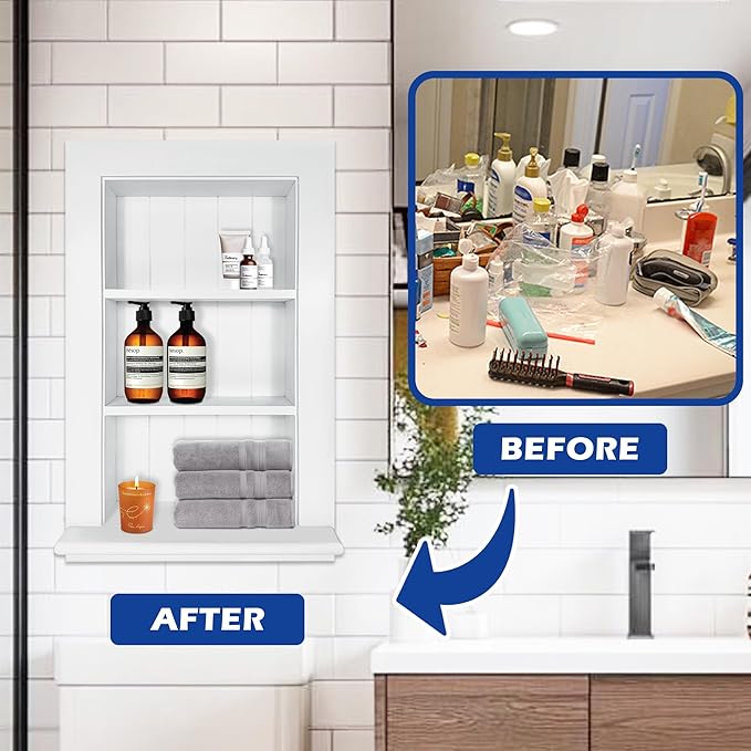 Royxen Bathroom Wall Cabinet with 3-Tier Shelves,Wooden Recessed Medicine Cabinet Over Toilet Storage Cabinet,Bathroom Cabinet Wall Mount for Home Storage, 14 x 24 Inch, White