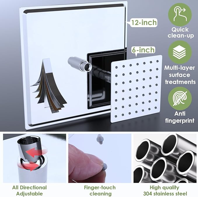 Enga Thermostatic Dual Shower System, 12"+6" Wall Mount Dual Rain Shower Faucet, All Functions Use Together & Volume Adjustable, Chrome