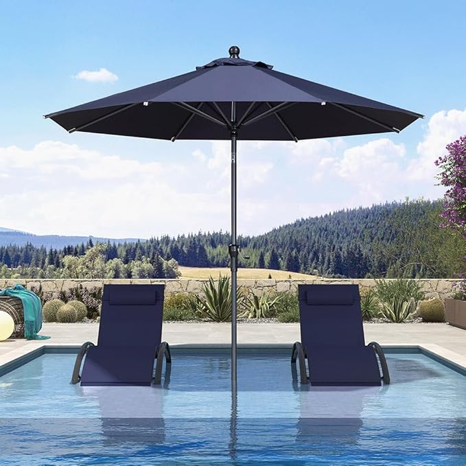 PURPLE LEAF 9' Round Patio Umbrella Outdoor Table Umbrella Aluminum Frame Market Umbrella Sun Umbrella with 8 Sturdy Ribs Tilt for Garden Deck Lawn Pool Navy Blue