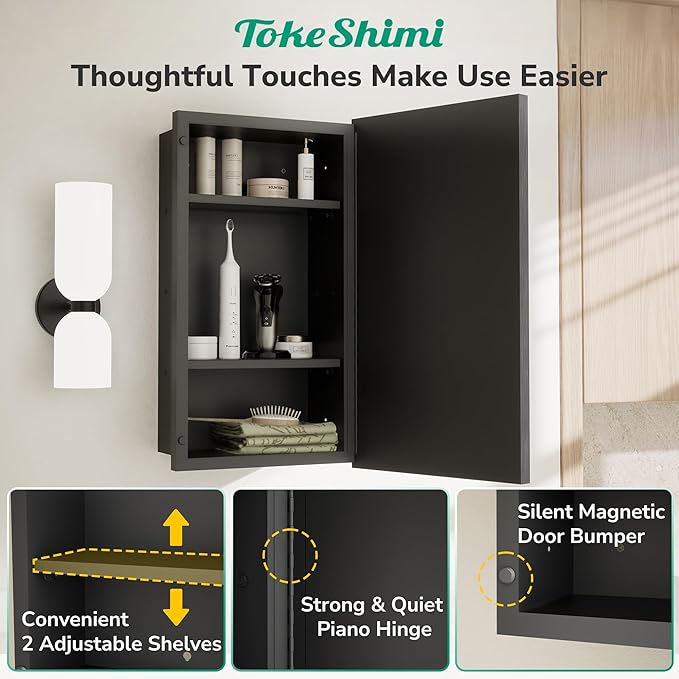 TokeShimi 36x24 Recessed Medicine Cabinet with Mirror Black, Beveled Bathroom Mirror with Storage Aluminum, Surface Mounted Metal Medicine Cabinets for Bathroom Vanity Wall