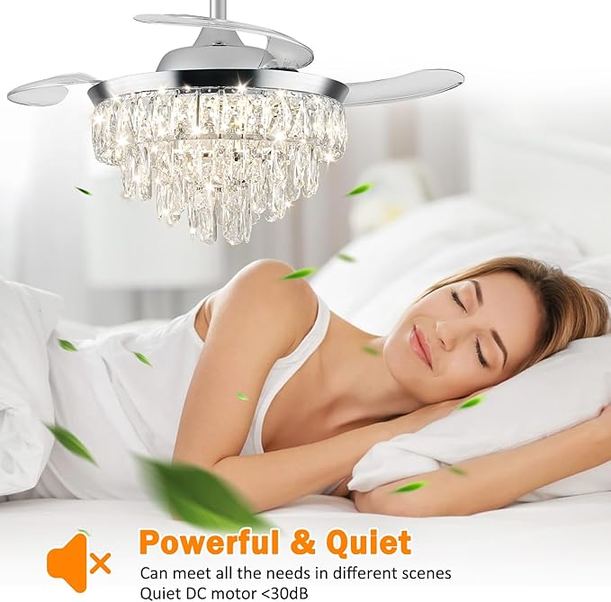 LEONTYNE 36" Modern Crystal Ceiling Fan with Lights and Remote Invisible Retractable LED Dimmable Chandelier Fan 3 Blades 6 Speeds Fandelier for Bedroom Living Room Dining Room (Polished Chrome)