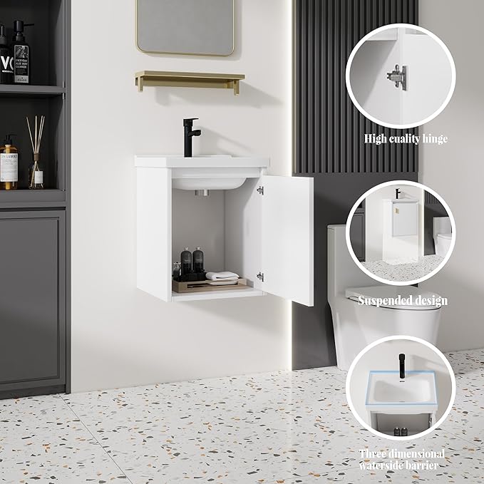 16'' Bathroom Vanity with Ceramic Sink Combo, Wall Mounted Small Bathroom Vanity with Soft-Close Door Modern Floating Cabinet, Pop-up Drain, P-Trap Included, White(No Faucet)