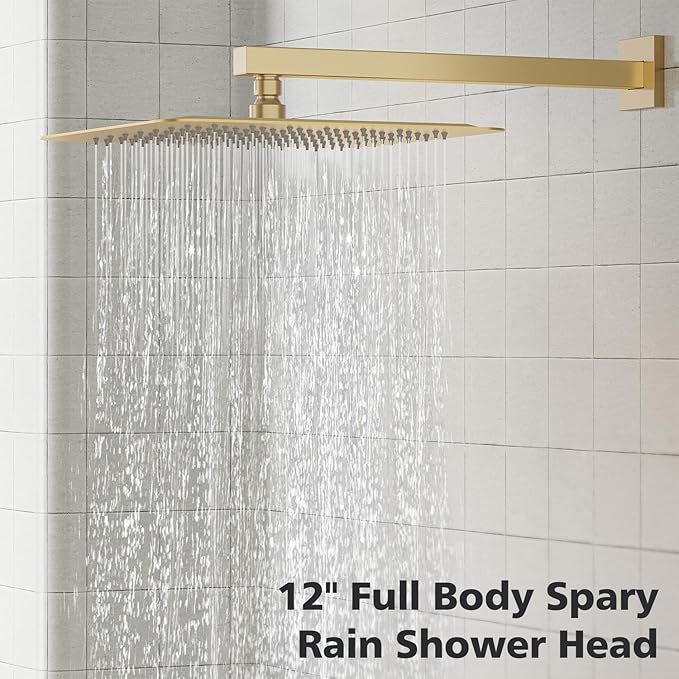 Gabrylly Gold Shower Head System, All Metal Shower Faucet Set with Valve and Diverter, High Pressure 12" Rainfall Head with Handheld Spray Combo, Brushed Gold