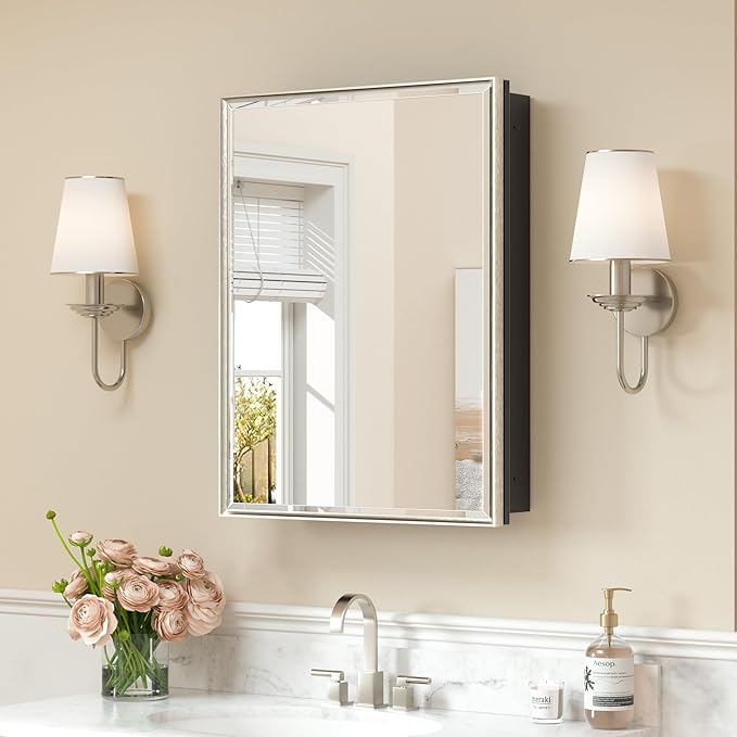 Keonjinn 21" x 27" Medicine Cabinets with Mirror for Bathroom, Brushed Nickel Recessed or Surface Wall-Mounted Aluminum Alloy Framed Beveled Mirror, Farmhouse Bathroom Mirror with Storage Cabinet