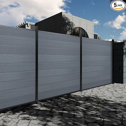 6 Ft×30 Ft Wood Plastic Composite Fence Panels, Privacy Fence Screen, Decorative Garden, Patio, Backyard Fence with 6 Posts, Grey