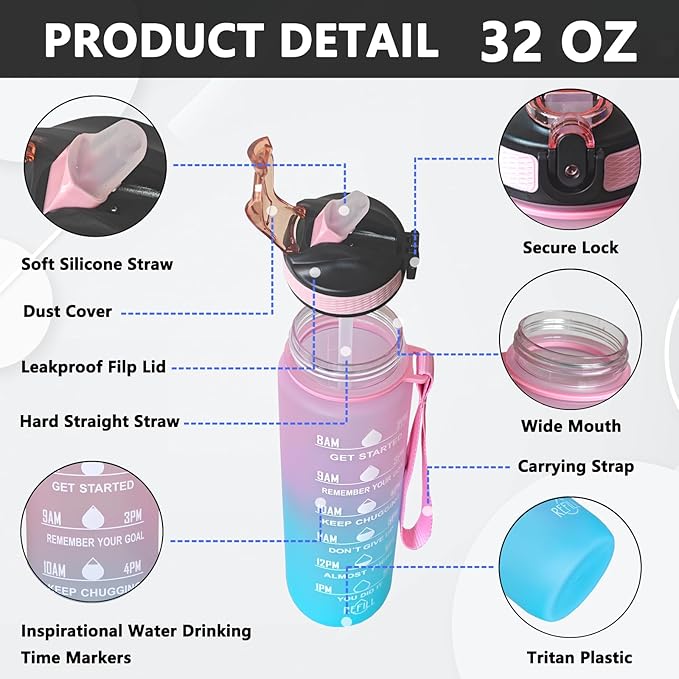 German Shepherd Mom Water Bottle with Straw, Carry Strap, LeakProof, Tritan BPA Free, 32 Oz Motivational Water Bottle with Time Marker to Drink Enough Water for Gym Fitness Outdoor