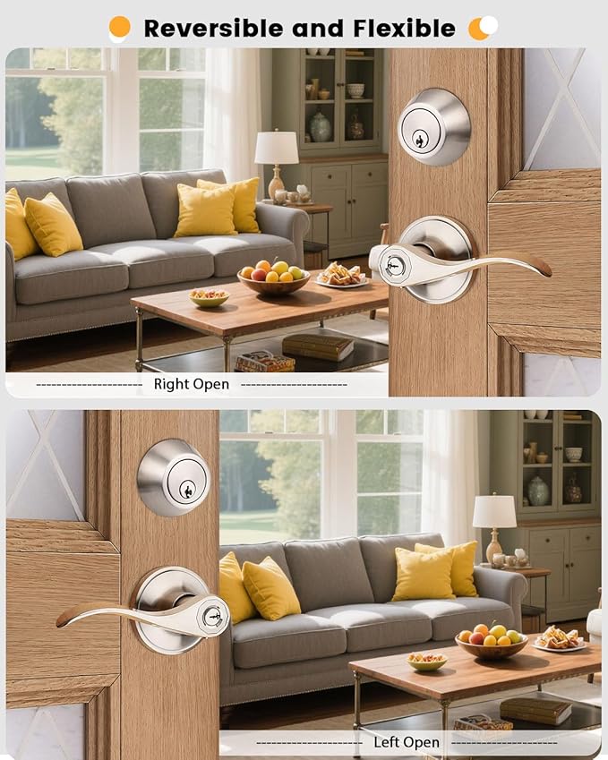 Keyed Alike Front Door Exterior Door Lever Lockset with Single Cylinder Deadbolt Combination Set, Door Knob with Lock and Deadbolt, Satin Nickel Finished, 1Pack