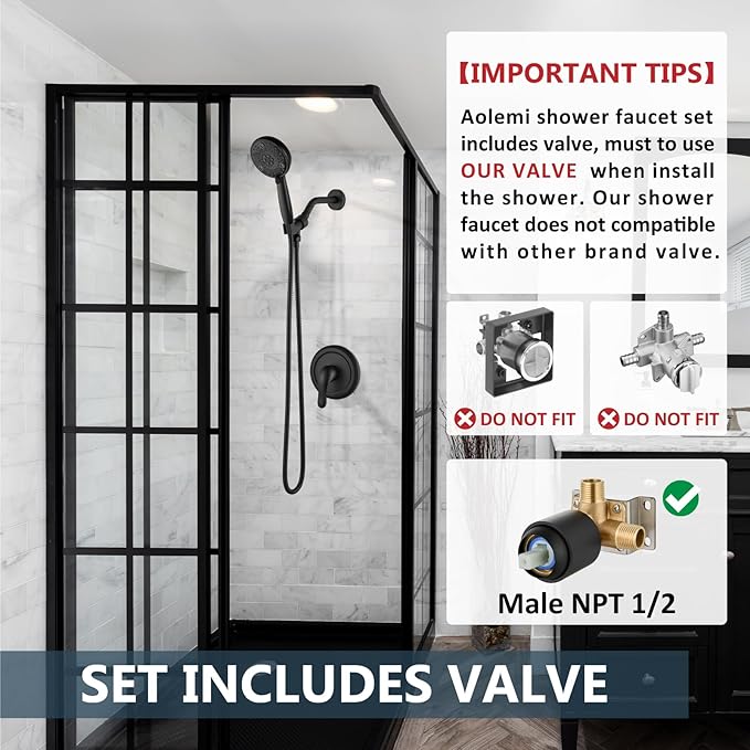 Aolemi Shower Faucet Set Rain Shower Head System Shower Trim Kit Pressure Rough-in Valve Included ABS 8 Setting Single Handheld Spray Matte Black