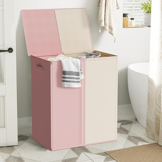 WOWLIVE Double Laundry Baseket with Lid and Removable Laundry Bags,154L Large Laundry Hamper 2 Section Collapsible Dirty Clothes Hamper for Laundry Room,College Dorm,Bathroom,Pink and Beige